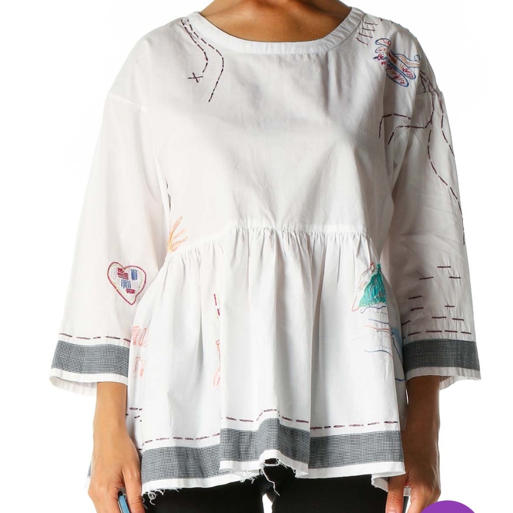 HOLDING HORSES White Embroidered Peasant Blouse with Gray Trim